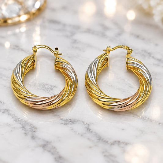 Oro Laminado Medium Hoop, Gold Filled Style Twist and Hollow Design, Polished, Tricolor