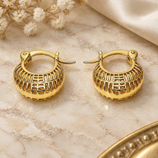 Oro Laminado Small Hoop, Gold Filled Style Filigree Design, Polished, Golden Finish