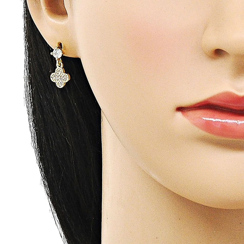 Oro Laminado Stud Earring, Gold Filled Style Four-leaf Clover and Floral Design, with White Cubic Zirconia, Polished, Golden Finish