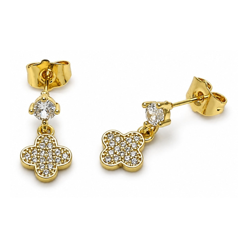 Oro Laminado Stud Earring, Gold Filled Style Four-leaf Clover and Floral Design, with White Cubic Zirconia, Polished, Golden Finish