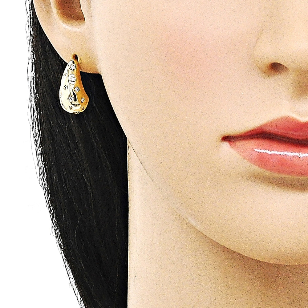Oro Laminado Stud Earring, Gold Filled Style Teardrop Design, with White Cubic Zirconia, Polished, Golden Finish