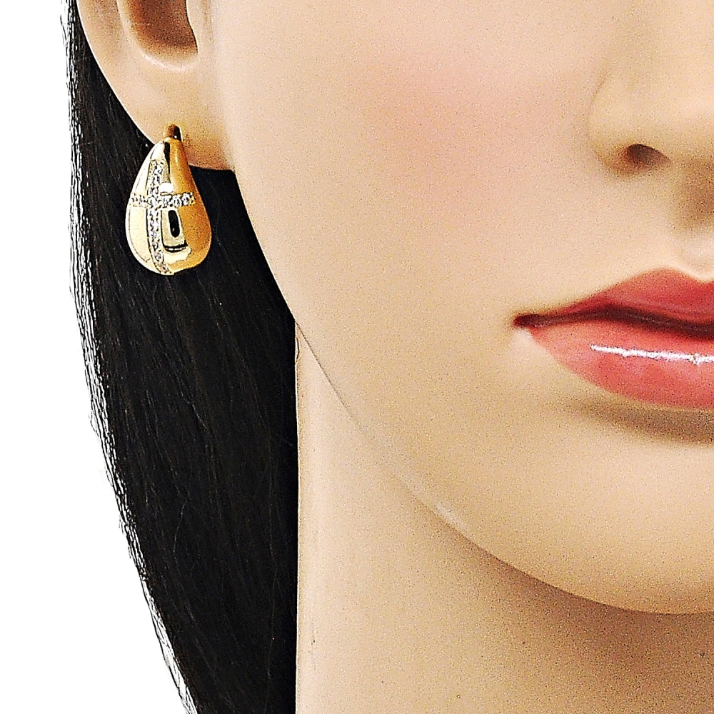 Oro Laminado Stud Earring, Gold Filled Style Teardrop and Cross Design, with White Cubic Zirconia, Polished, Golden Finish