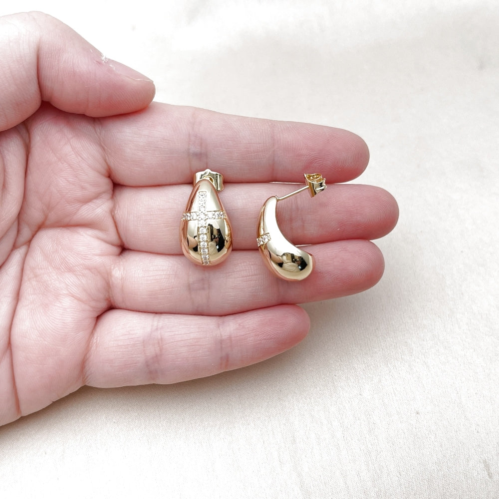 Oro Laminado Stud Earring, Gold Filled Style Teardrop and Cross Design, with White Cubic Zirconia, Polished, Golden Finish