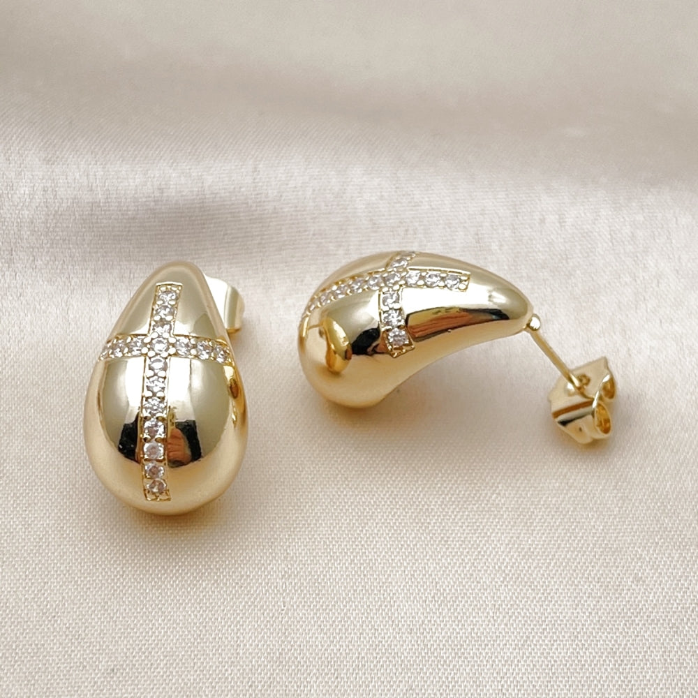 Oro Laminado Stud Earring, Gold Filled Style Teardrop and Cross Design, with White Cubic Zirconia, Polished, Golden Finish