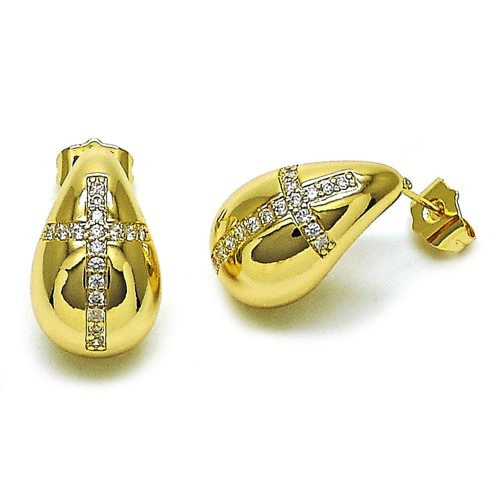 Oro Laminado Stud Earring, Gold Filled Style Teardrop and Cross Design, with White Cubic Zirconia, Polished, Golden Finish