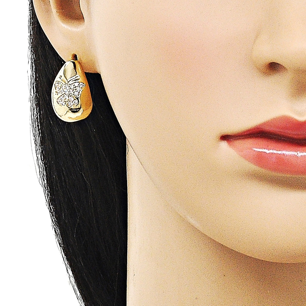 Oro Laminado Stud Earring, Gold Filled Style Teardrop and Butterfly Design, with White Cubic Zirconia, Polished, Golden Finish