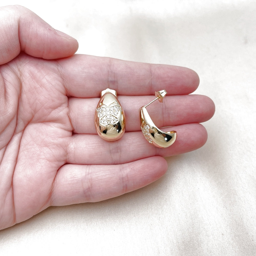 Oro Laminado Stud Earring, Gold Filled Style Teardrop and Butterfly Design, with White Cubic Zirconia, Polished, Golden Finish