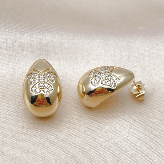 Oro Laminado Stud Earring, Gold Filled Style Teardrop and Butterfly Design, with White Cubic Zirconia, Polished, Golden Finish