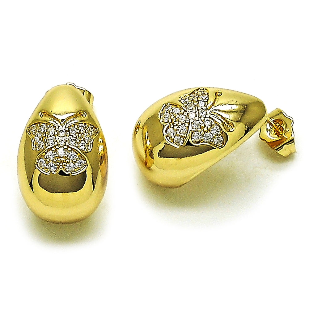 Oro Laminado Stud Earring, Gold Filled Style Teardrop and Butterfly Design, with White Cubic Zirconia, Polished, Golden Finish