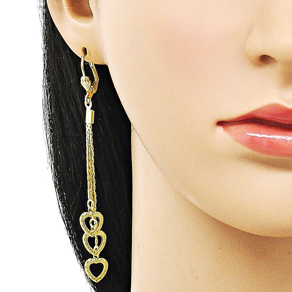 Oro Laminado Long Earring, Gold Filled Style Heart Design, Diamond Cutting Finish, Golden Finish