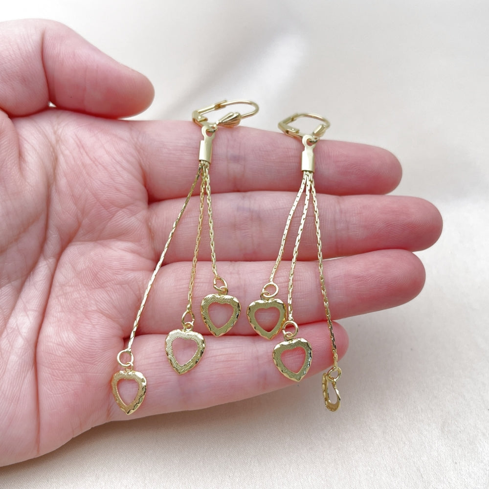 Oro Laminado Long Earring, Gold Filled Style Heart Design, Diamond Cutting Finish, Golden Finish