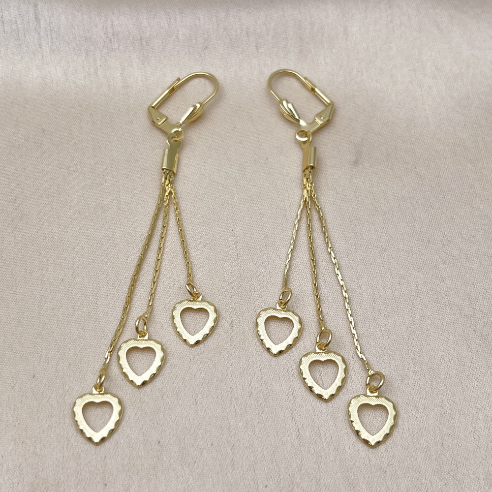 Oro Laminado Long Earring, Gold Filled Style Heart Design, Diamond Cutting Finish, Golden Finish