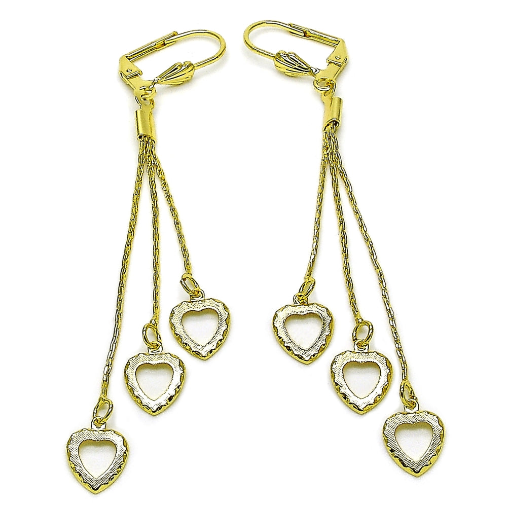 Oro Laminado Long Earring, Gold Filled Style Heart Design, Diamond Cutting Finish, Golden Finish