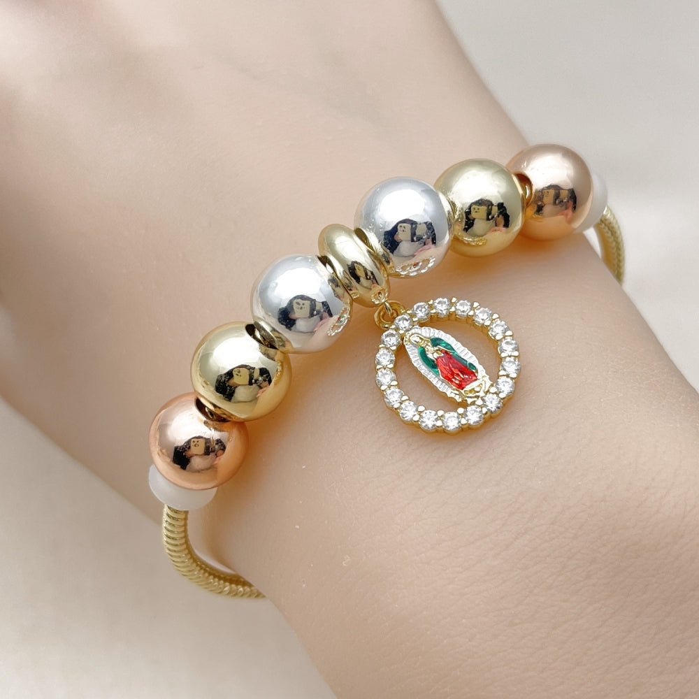 Oro Laminado Fancy Bracelet, Gold Filled Style Guadalupe and Rat Tail Design, with White Cubic Zirconia, Polished, Tricolor