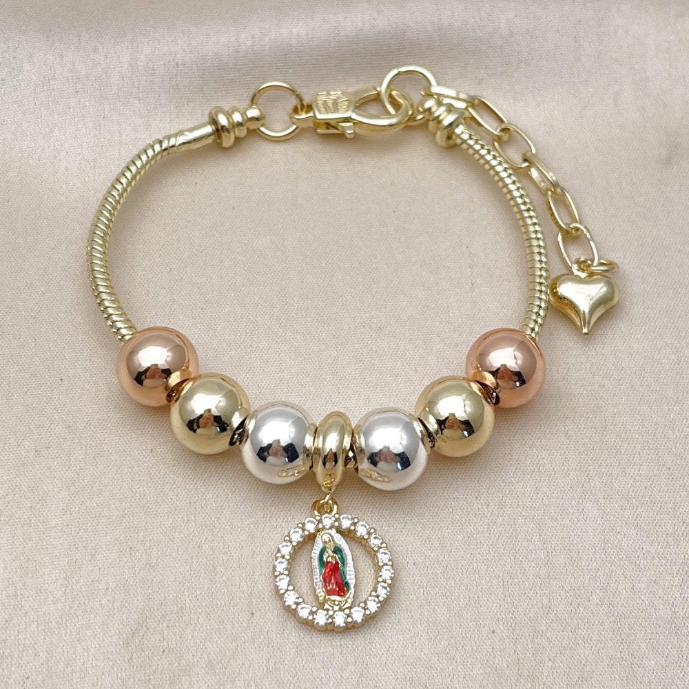 Oro Laminado Fancy Bracelet, Gold Filled Style Guadalupe and Rat Tail Design, with White Cubic Zirconia, Polished, Tricolor