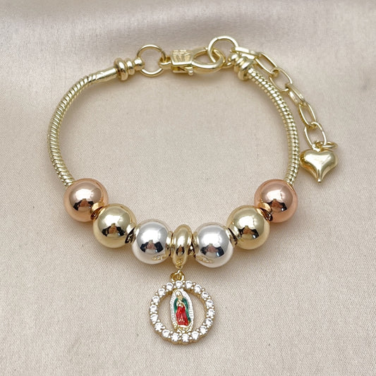 Oro Laminado Fancy Bracelet, Gold Filled Style Guadalupe and Rat Tail Design, with White Cubic Zirconia, Polished, Tricolor