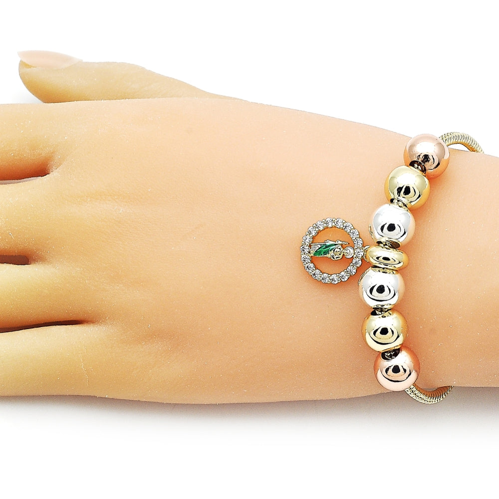 Oro Laminado Fancy Bracelet, Gold Filled Style San Judas and Rat Tail Design, with White Cubic Zirconia, Polished, Tricolor