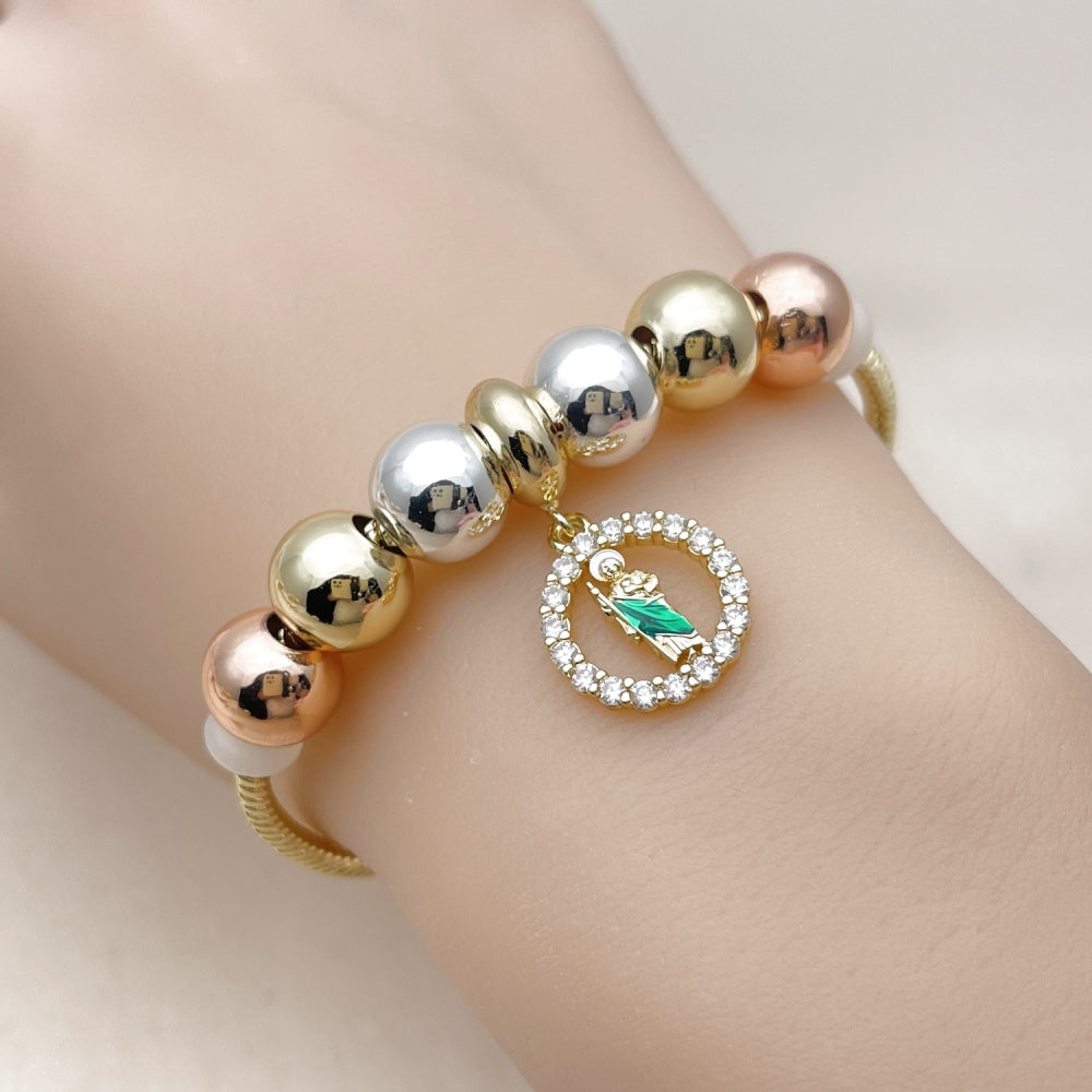 Oro Laminado Fancy Bracelet, Gold Filled Style San Judas and Rat Tail Design, with White Cubic Zirconia, Polished, Tricolor