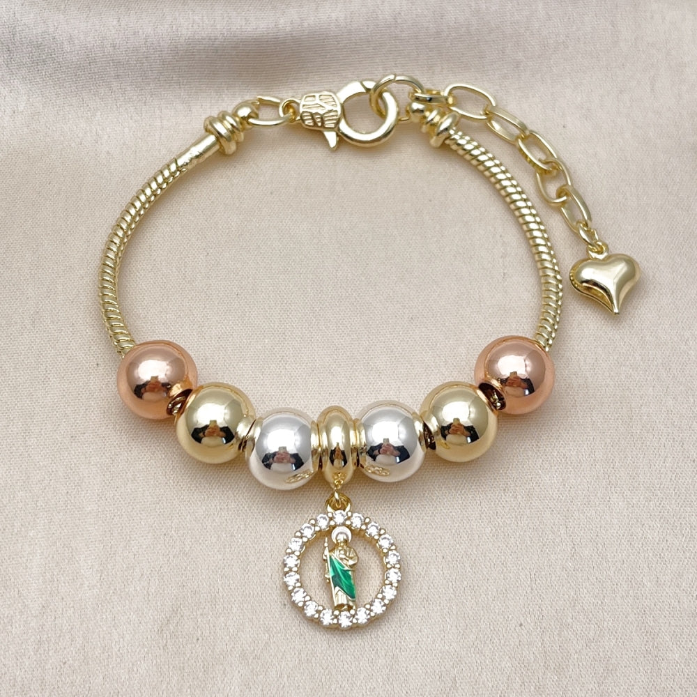 Oro Laminado Fancy Bracelet, Gold Filled Style San Judas and Rat Tail Design, with White Cubic Zirconia, Polished, Tricolor