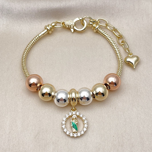Oro Laminado Fancy Bracelet, Gold Filled Style San Judas and Rat Tail Design, with White Cubic Zirconia, Polished, Tricolor