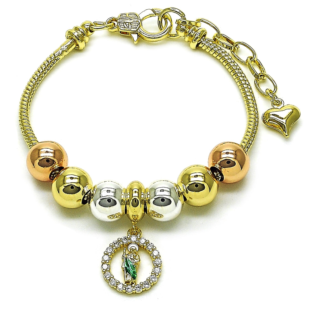 Oro Laminado Fancy Bracelet, Gold Filled Style San Judas and Rat Tail Design, with White Cubic Zirconia, Polished, Tricolor