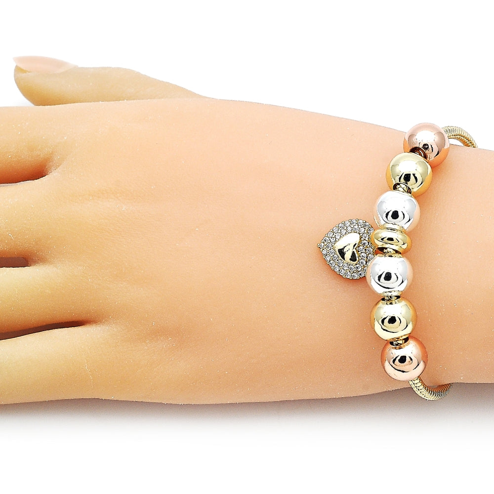 Oro Laminado Fancy Bracelet, Gold Filled Style Heart and Rat Tail Design, with White Cubic Zirconia, Polished, Tricolor