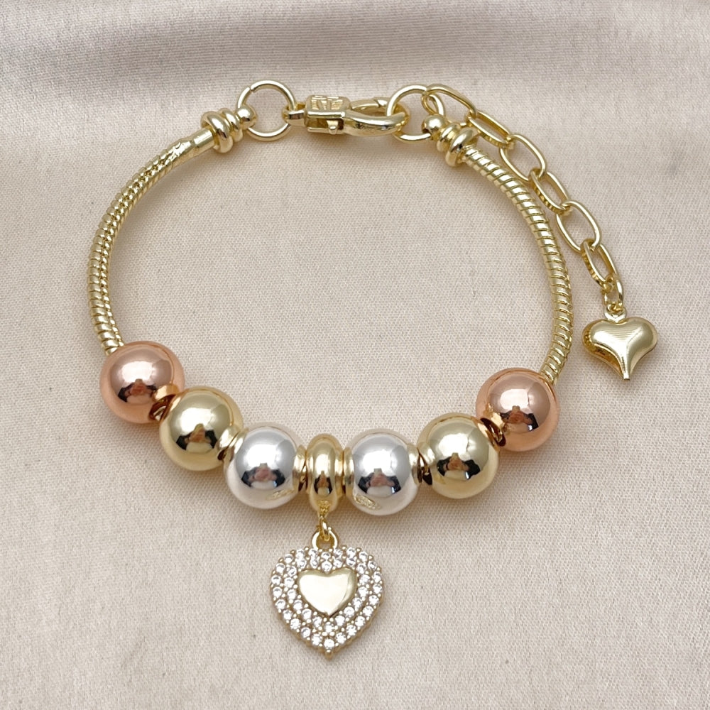 Oro Laminado Fancy Bracelet, Gold Filled Style Heart and Rat Tail Design, with White Cubic Zirconia, Polished, Tricolor