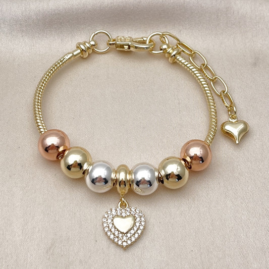 Oro Laminado Fancy Bracelet, Gold Filled Style Heart and Rat Tail Design, with White Cubic Zirconia, Polished, Tricolor