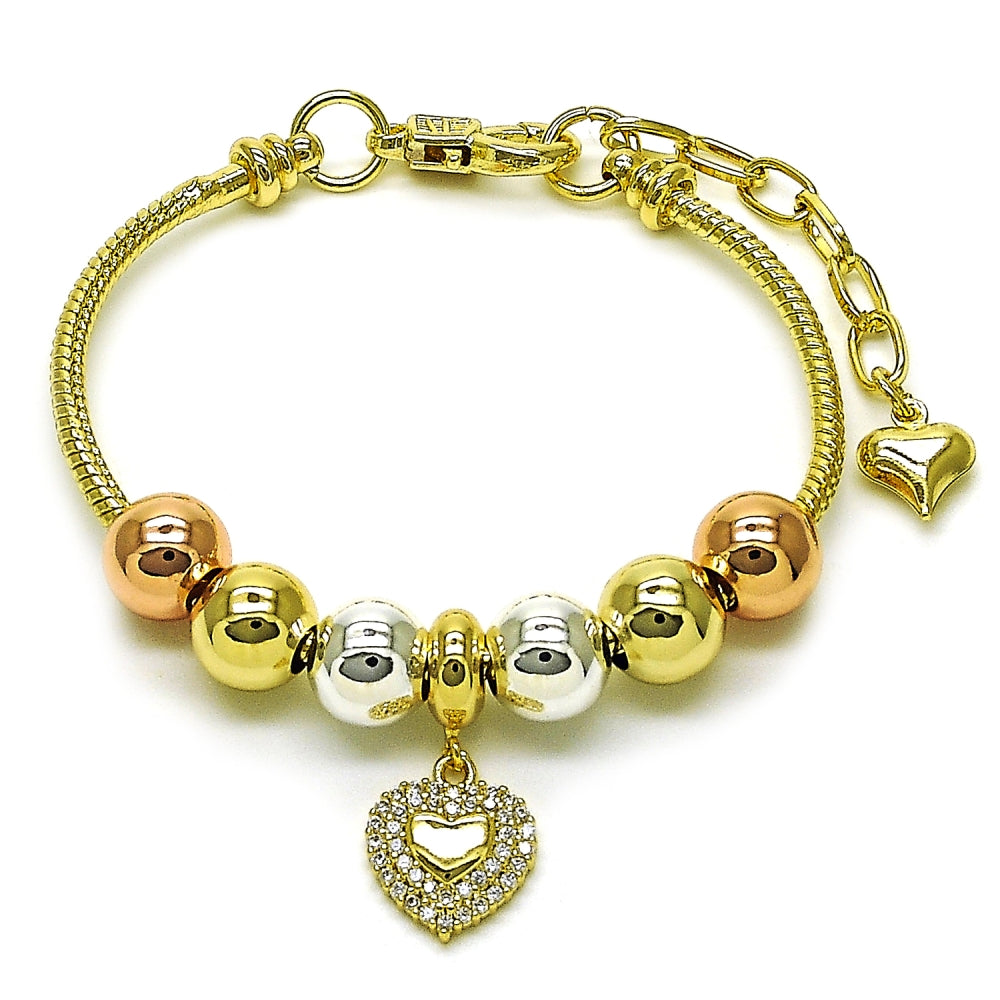 Oro Laminado Fancy Bracelet, Gold Filled Style Heart and Rat Tail Design, with White Cubic Zirconia, Polished, Tricolor