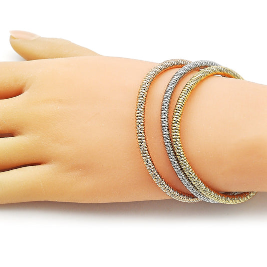 Oro Laminado Trio Bangle, Gold Filled Style Ball and Twist Design, Polished, Tricolor