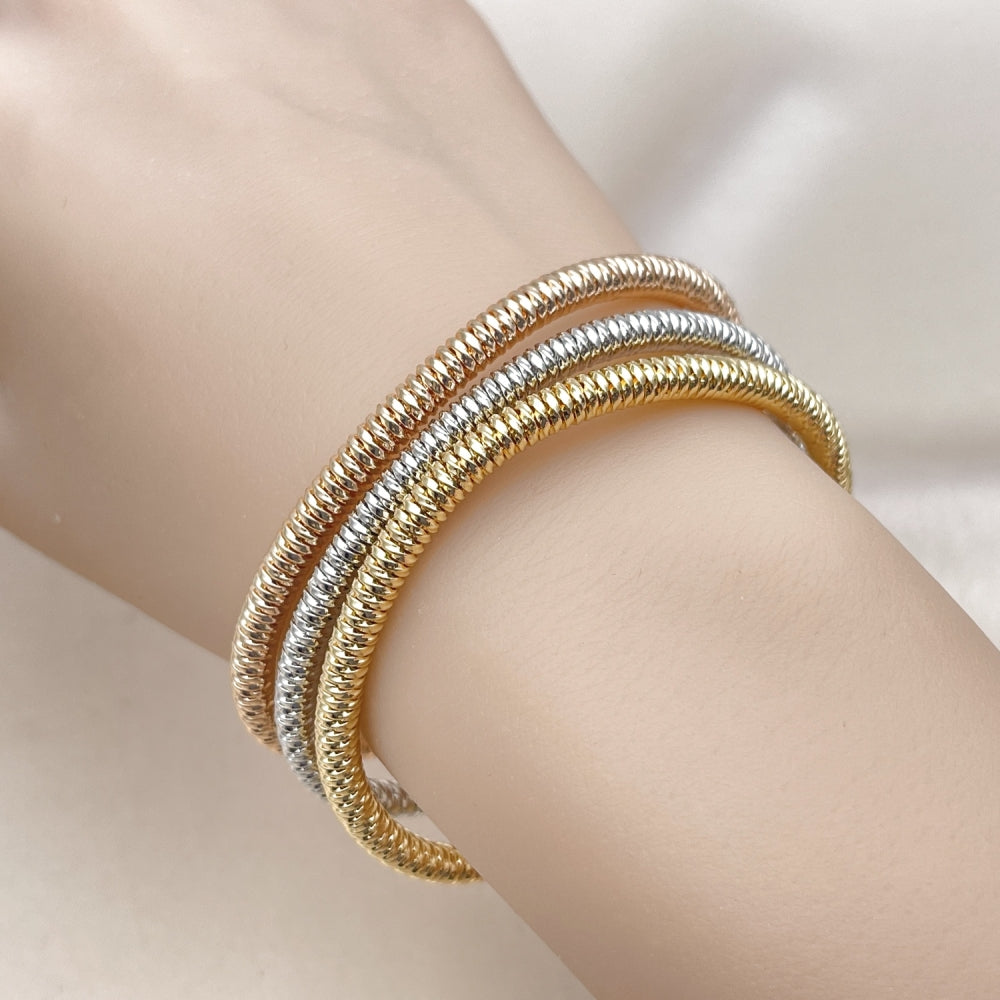 Oro Laminado Trio Bangle, Gold Filled Style Ball and Twist Design, Polished, Tricolor