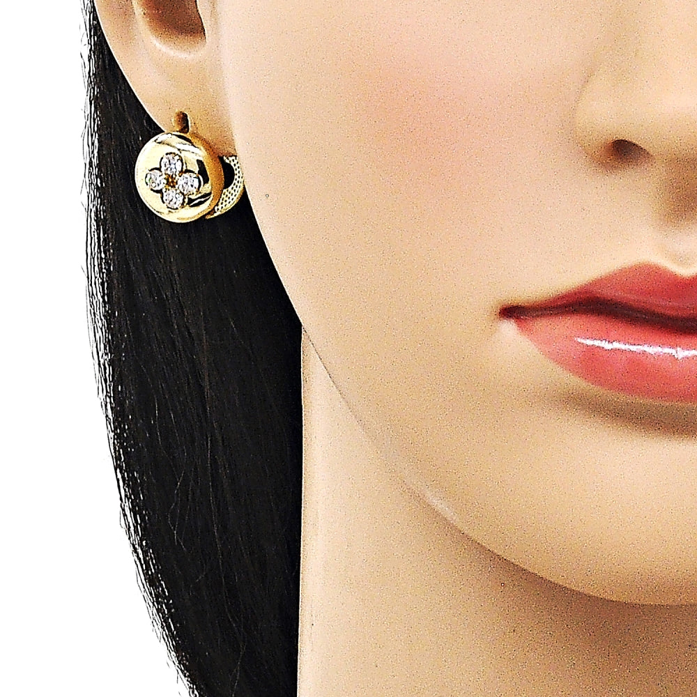 Oro Laminado Huggie Hoop, Gold Filled Style Flower and Four-leaf Clover Design, with White Cubic Zirconia, Polished, Golden Finish