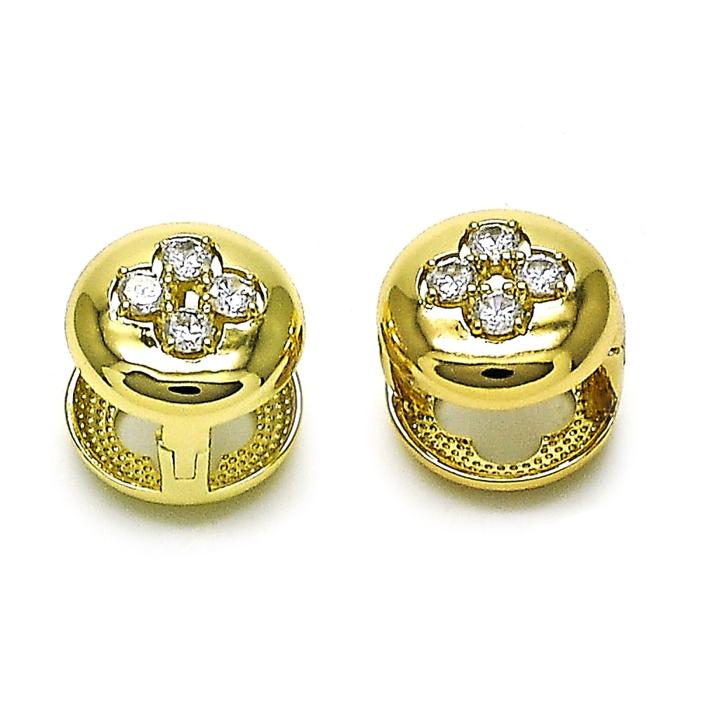 Oro Laminado Huggie Hoop, Gold Filled Style Flower and Four-leaf Clover Design, with White Cubic Zirconia, Polished, Golden Finish