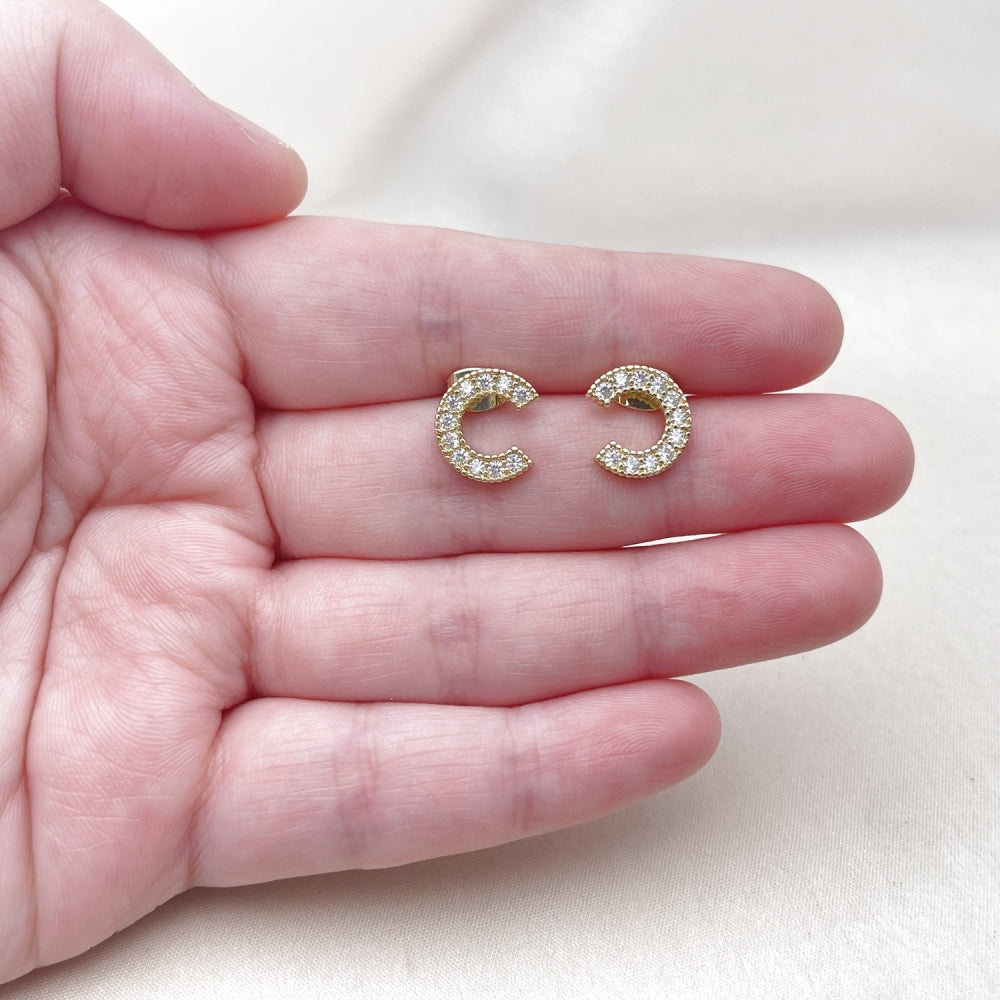 Oro Laminado Stud Earring, Gold Filled Style with White Cubic Zirconia, Polished, Golden Finish