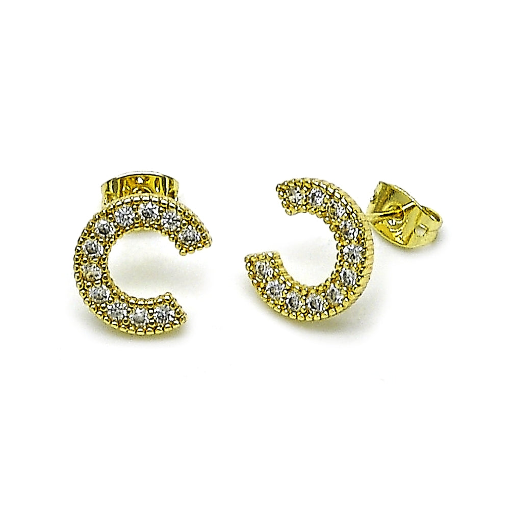 Oro Laminado Stud Earring, Gold Filled Style with White Cubic Zirconia, Polished, Golden Finish