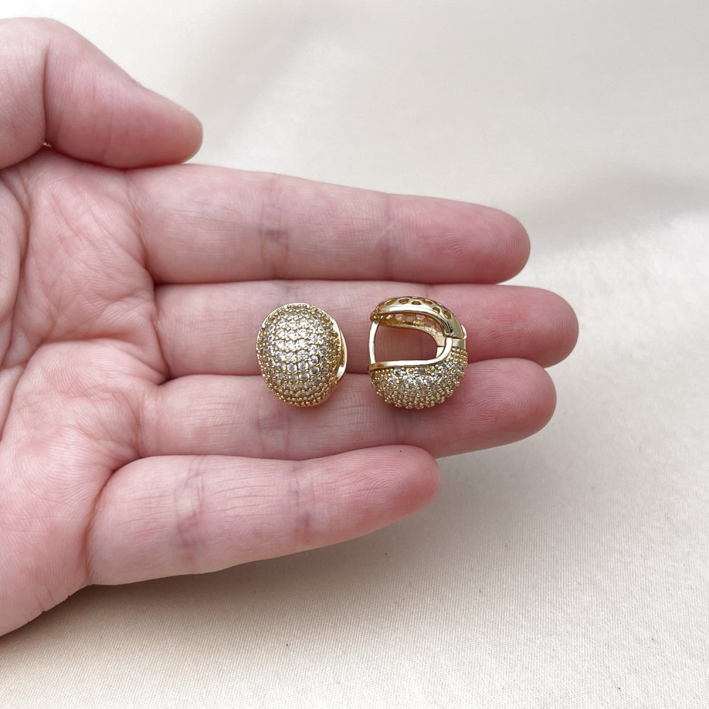 Oro Laminado Huggie Hoop, Gold Filled Style Ball Design, with White Cubic Zirconia, Polished, Golden Finish