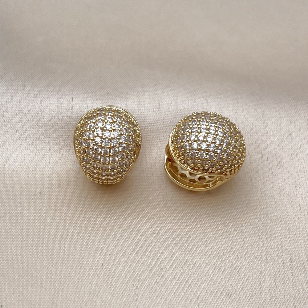 Oro Laminado Huggie Hoop, Gold Filled Style Ball Design, with White Cubic Zirconia, Polished, Golden Finish