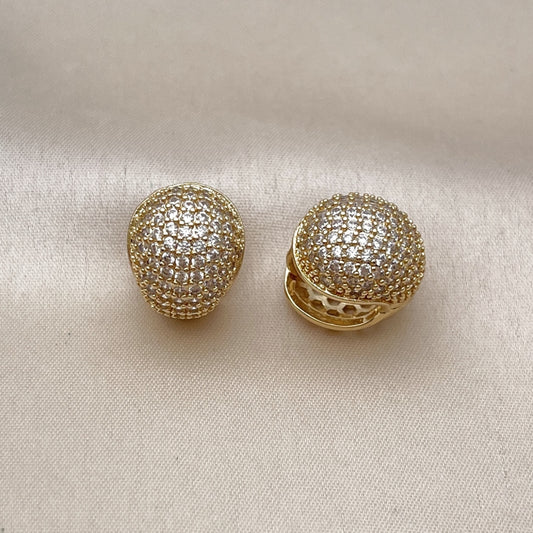 Oro Laminado Huggie Hoop, Gold Filled Style Ball Design, with White Cubic Zirconia, Polished, Golden Finish