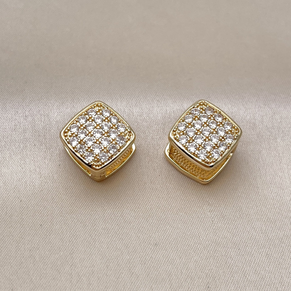 Oro Laminado Huggie Hoop, Gold Filled Style with White Cubic Zirconia, Polished, Golden Finish