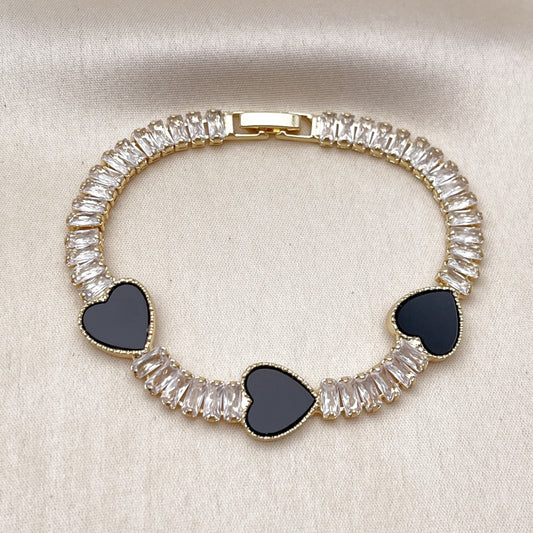 Oro Laminado Fancy Bracelet, Gold Filled Style Heart and Baguette Design, with Black Mother of Pearl and White Cubic Zirconia, Polished, Golden Finish