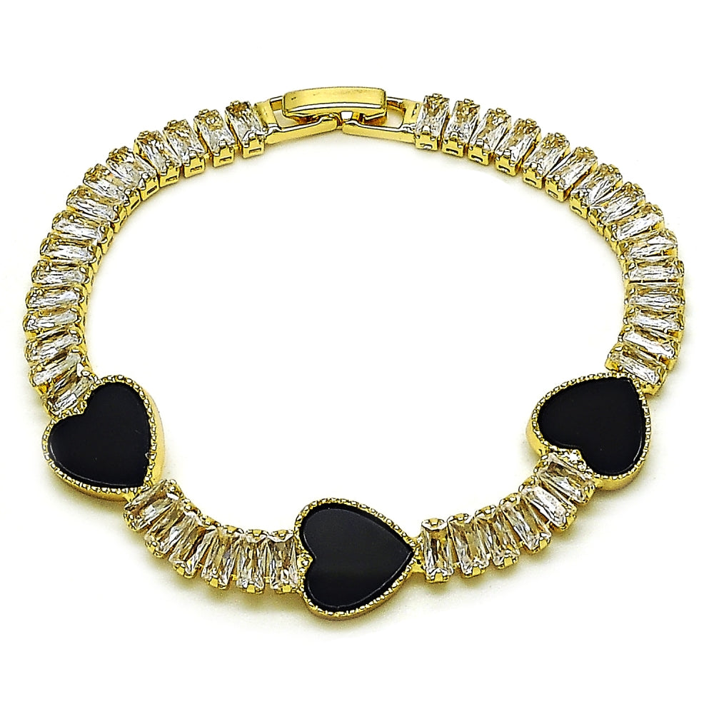 Oro Laminado Fancy Bracelet, Gold Filled Style Heart and Baguette Design, with Black Mother of Pearl and White Cubic Zirconia, Polished, Golden Finish