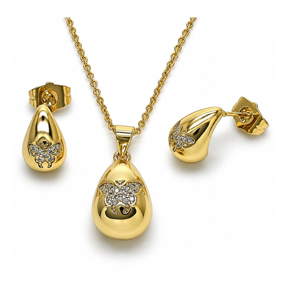 Oro Laminado Earring and Pendant Adult Set, Gold Filled Style Teardrop and Butterfly Design, with White Micro Pave, Polished, Golden Finish
