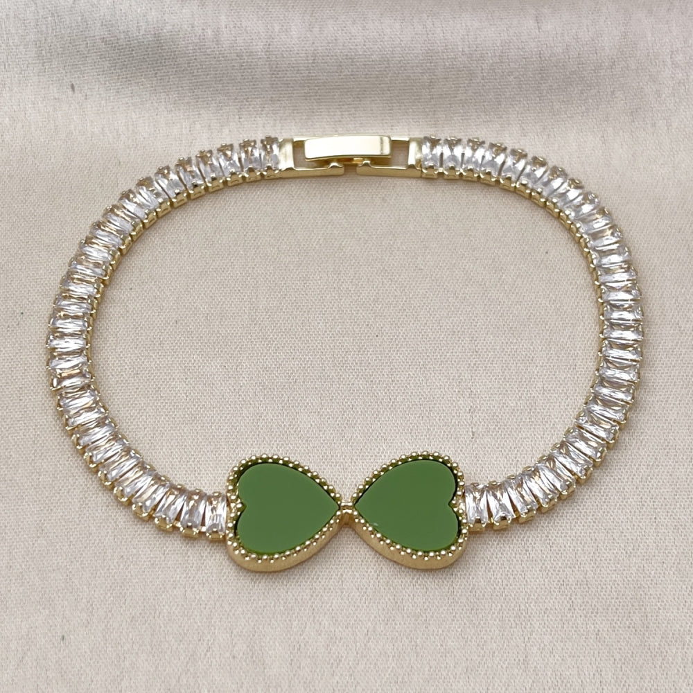 Oro Laminado Fancy Bracelet, Gold Filled Style Heart and Baguette Design, with Light Green Mother of Pearl and White Cubic Zirconia, Polished, Golden Finish