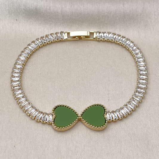 Oro Laminado Fancy Bracelet, Gold Filled Style Heart and Baguette Design, with Light Green Mother of Pearl and White Cubic Zirconia, Polished, Golden Finish