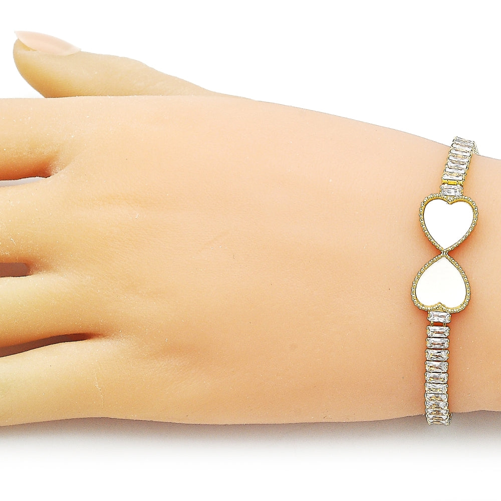 Oro Laminado Fancy Bracelet, Gold Filled Style Heart and Baguette Design, with Ivory Mother of Pearl and White Cubic Zirconia, Polished, Golden Finish