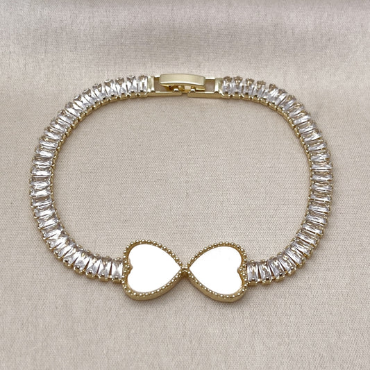 Oro Laminado Fancy Bracelet, Gold Filled Style Heart and Baguette Design, with Ivory Mother of Pearl and White Cubic Zirconia, Polished, Golden Finish