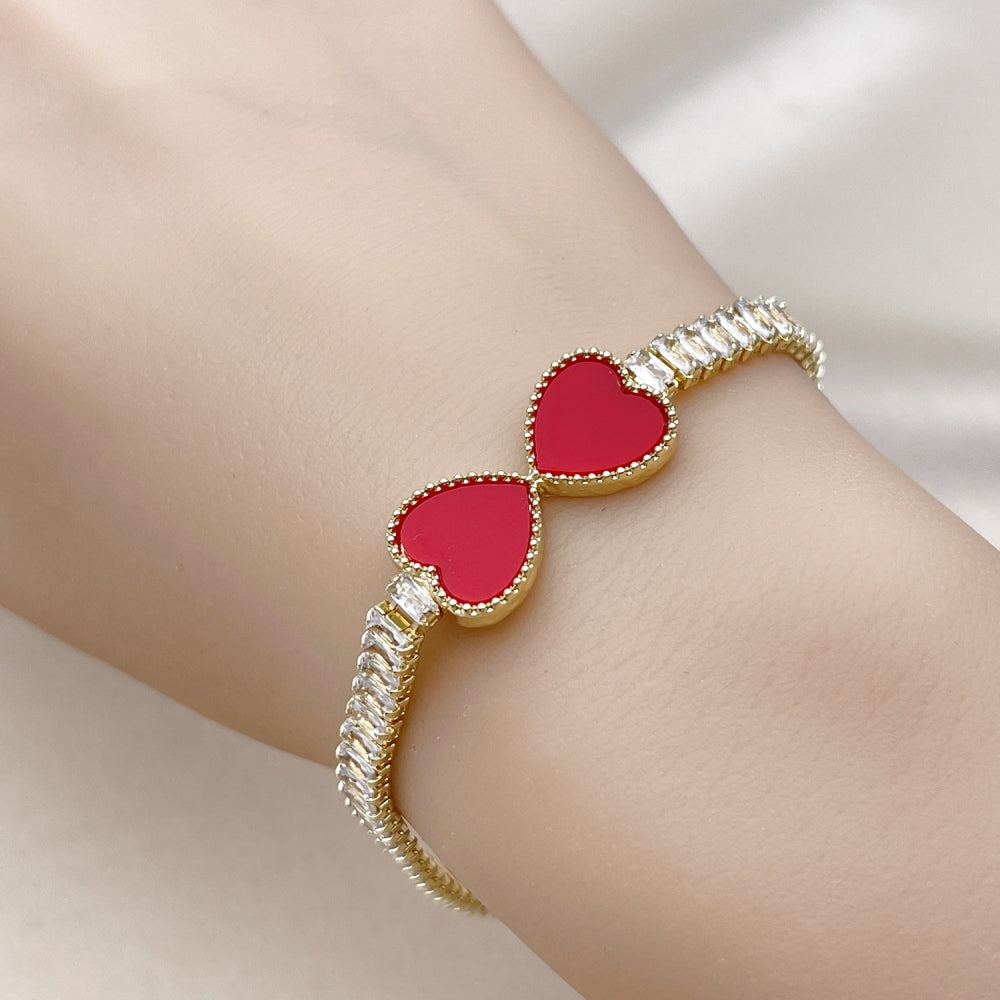 Oro Laminado Fancy Bracelet, Gold Filled Style Heart and Baguette Design, with Garnet Mother of Pearl and White Cubic Zirconia, Polished, Golden Finish
