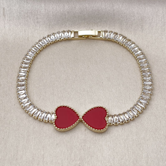 Oro Laminado Fancy Bracelet, Gold Filled Style Heart and Baguette Design, with Garnet Mother of Pearl and White Cubic Zirconia, Polished, Golden Finish