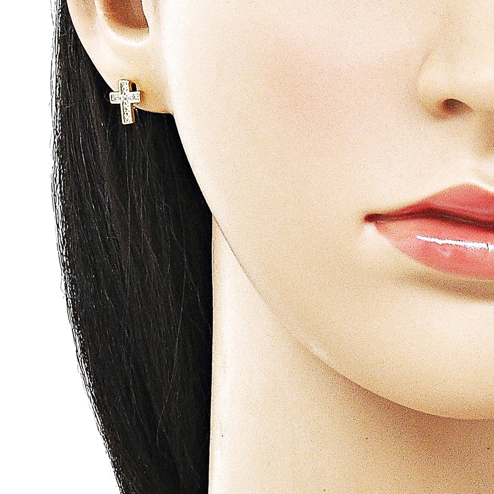 Oro Laminado Stud Earring, Gold Filled Style Cross Design, with White Micro Pave, Polished, Golden Finish