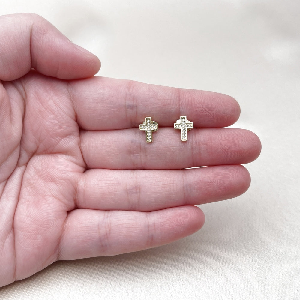 Oro Laminado Stud Earring, Gold Filled Style Cross Design, with White Micro Pave, Polished, Golden Finish